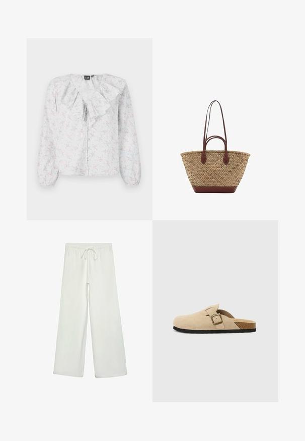 Bijela bluzica s nabranim izrezom, cvjetni uzorak u ružičastoj i plavoj boji, duži rukavi i kopčanje na gumbe sprijeda. Lagana, teksturirana tkanina.; Bijele hlače širokog kroja od mekog materijala. Imaju elastični pojas s vezicom i glatku teksturu. Nema vidljivih uzoraka ili metalnih dijelova.; Bež semisoft cipele s otvorenom petom, s plutenom unutrašnjosti, zaobljenim nožnim prstom i jednostavnom trakom sa zlatnim kopčanjem. Gumeni potplat za bolji grip.; Tkana torba od trske s pletenom teksturom, tamnosmeđi kožni drška i dno, široki kružni oblik i otvoreni gornji dizajn.