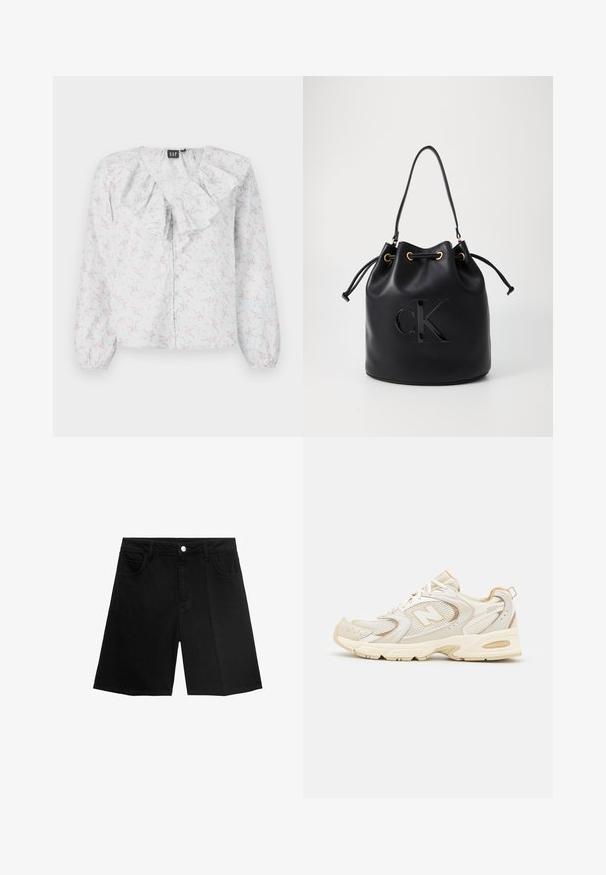 Witte blouse met een rimpelnek, bloemenpatroon in roze en blauw, lange mouwen en knoopsluiting aan de voorkant. Lichtgewicht, gestructureerde stof.; Zwarte denim shorts met een rechte snit, vijf zakken en een zilveren knoopsluiting. Gladde textuur met minimale stikseldetails.; Beige sport schoenen met gaas- en synthetische overlays, voorzien van een textuur, een gevoerde kraag en "ABZORB" demping bij de hiel.; Zwarte leren emmer tas met trekkoord sluiting, voorzien van een glanzend "CK" logo aan de voorkant en gouden hardware accenten.