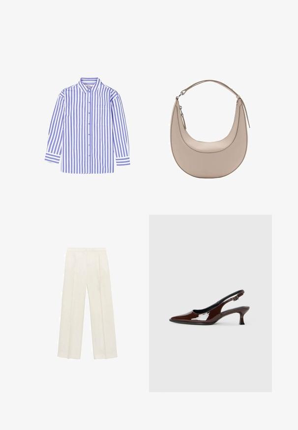 Gestreept overhemd in lichtblauw en wit, met een standaardkraag, lange mouwen en een borstzak. Gemaakt van katoen.; Wijdgevallen broeken in een lichtcrème kleur. Gemaakt van een zachte stof met plooien aan de voorkant en zijzakken.; Bruine gepatineerde leren slingback-schoen met een spitse neus en een gematigd hakje. Voorzien van een gespsluiting voor een veilige pasvorm. Glad van textuur.; Beige leren schoudertas met een halve maanvorm, een soepele textuur en een enkele gebogen handgreep. Voorzien van een ritssluiting en nette stiksels.