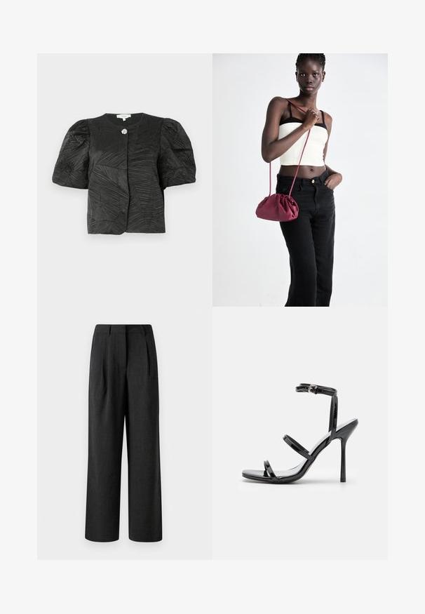 Črna teksturirana kratka jakna s kratkimi rokavi in napihnjenimi rokavi ter enim okrašenim srebrnim gumbom na ovratniku, prikazana na enobarvni podlagi.; Črne široke hlače iz teksturiranega materiala, z sprednjimi gubami in krojenim pasom, zasnovane za sproščen kroj.; Črne lakirane sandale s visokim petami, ki imajo tri vodoravne trakove in nastavljiv gleženjski trak. Eleganten dizajn in sijoča površina.; Burgundska mehka torbica z zbranim dizajnom in dolgim trakom, nošena čez telo. Model nosi belo kratko majico in črne kavbojke.