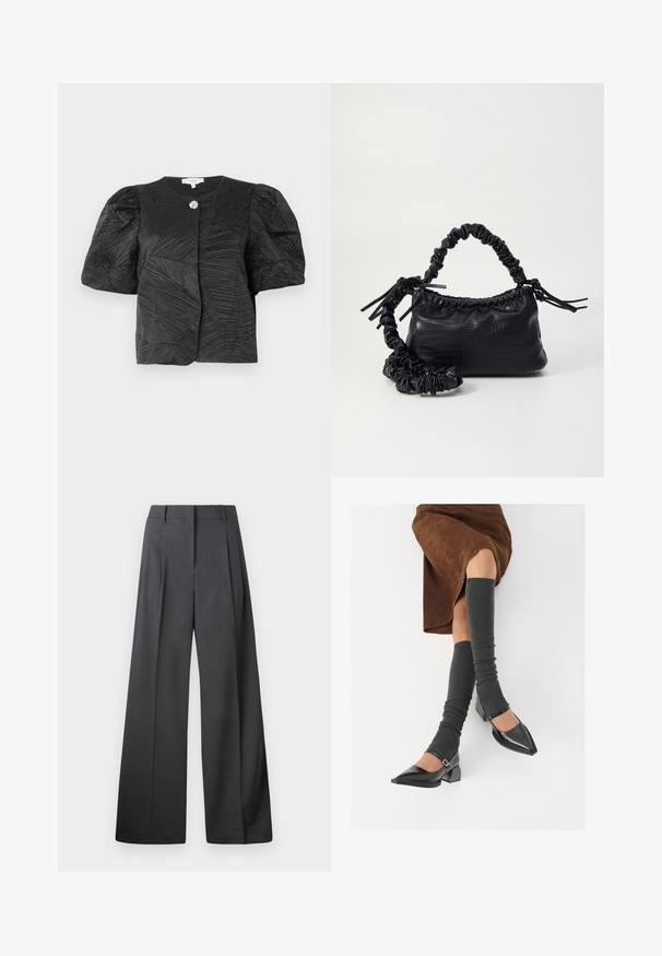 Svart teksturert jakke med korte ermer, puffede ermer og en enkelt utsmykket sølvknapp ved kragen, vist på en ensfarget bakgrunn.; Vide bukser i mørkegrått stoff med høy livlinje, enkel press, og en glatt tekstur med en ren finish på ermekantene.; Sorte lakkpumps med spiss tå, blokkhel, og ankelstropp, kombinert med grå ribbestrikkede beinvarmere og et brunt semsket skinn skjørt.; Svart faux skinn-håndveske med krokodilletekstur, strammet topp og en rynket stropp. Ser myk og kompakt ut i designen.