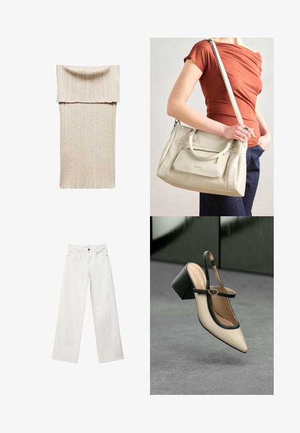 Pleteni midi obleka v bež barvi z rebrasto teksturo. Ima širok preklopni ovratnik in prilegajočo silhueto. Mehka in raztegljiva tkanina za udobje.; Beli široki trapezni kavbojke iz denima, ki imajo visok pas, dizajn s petimi žepi in kovinsko zapiranje. Gladka tekstura, brez vzorcev.; Bežna slingback čevlja z uskim sprednjim delom, črnimi detajli, zlatim zaponko in debelim blokovskim peto na sivi tleh s temno zeleno ozadje.; Bela usnjena torba z dvema ročkama in odstranljivo naramnico, ki ima sprednji žep na zadrgo in gladko teksturo. Nositi jo na osebi na roki.