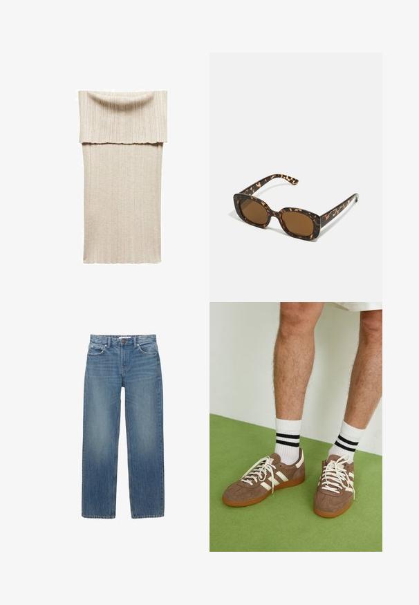 Pleteni midi obleka v bež barvi z rebrasto teksturo. Ima širok preklopni ovratnik in prilegajočo silhueto. Mehka in raztegljiva tkanina za udobje.; Svetlo modri denim kavbojke s ravnim krojem, petimi žepi in bakrenimi dodatki. Tkanina ima rahlo zbledel videz in gladko teksturo.; Rjavi semiš športni čevlji z belimi detajli in vezalkami. Gumijast podplat. Nošeni z belimi nogavicami z črnimi črtami. Zelena teksturirana talna obloga.; Sončna očala iz kornjačine s poudarjenim, okroglim okvirjem in rjavimi lečami. Imajo subtilne vzorce in ravne, zožene ročke.; Zign LEATHER - Torba za nakupovanje - light brown