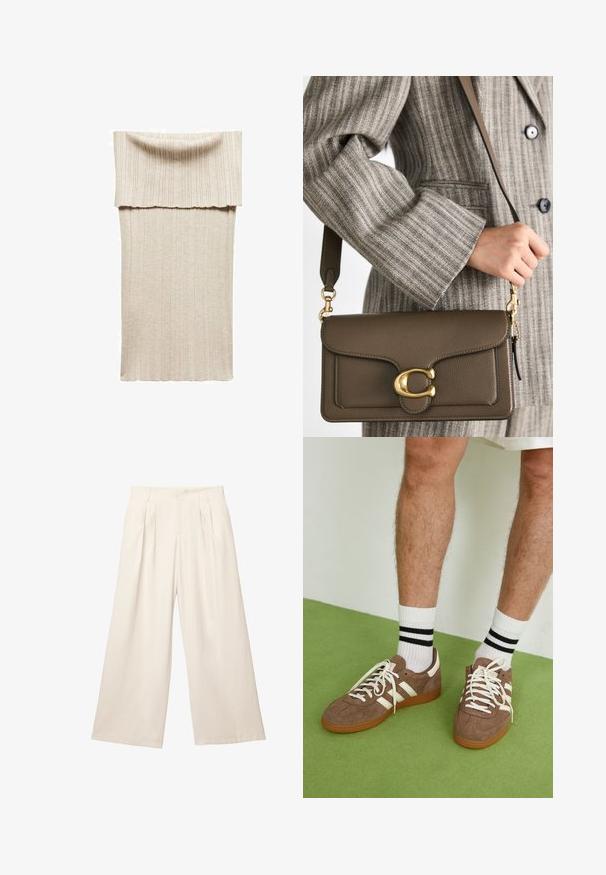 Pletené midi šaty v béžové barvě s žebrovanou texturou. Mají široký kožešinový límec a přiléhavý střih. Měkký, elastický materiál pro pohodlí.; Kalhoty s širokými nohavicemi v světlé béžové barvě s jemnou, strukturovanou tkaninou. Disponují předními sklady a elastickým pasem pro pohodlné nošení.; Hnědé semišové tenisky s bílými akcenty a tkaničkami. Gumová podrážka. Nošeny s bílými ponožkami s černými pruhy. Zelená strukturovaná podlaha.; COACH TABBY SHOULDER BAG 26 - Kabelka - dark stone