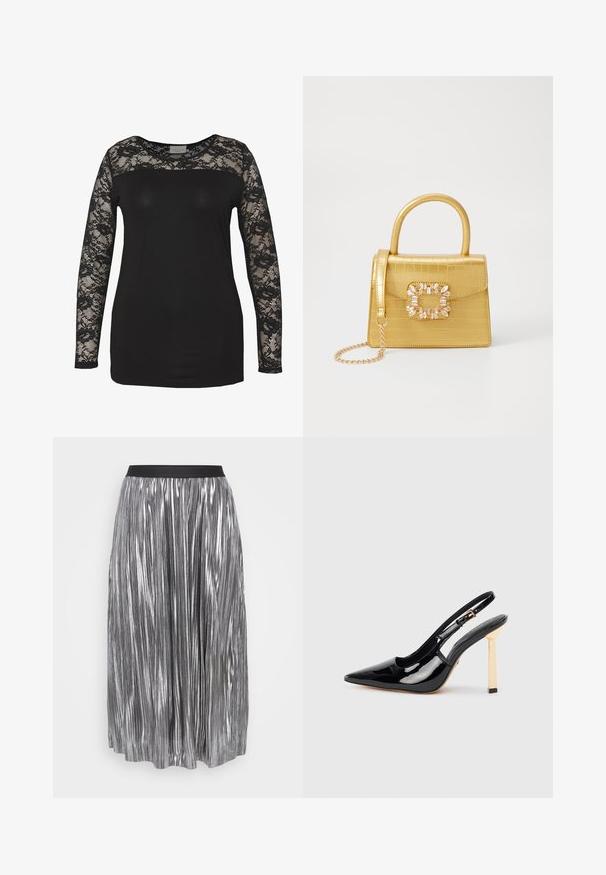 Juodas marškinėlis su ilgomis nėrinių rankovėmis, turintis vientisą juodą korpusą ir gėlių nėriniavimo detalių. Apvalus iškirpimas su lygia tekstūra.; Sidabrinė plisuota sijonas, pagamintas iš metalinės medžiagos su juodu elastingu juosmeniu. Jame yra vertikalūs blizgantys raukšlės ir sijonas iki vidurio blauzdų.; Juodas patentuotas odos aukštakulnis batelis su smailiu kojų pirštu ir auksinės spalvos kvadratiniu kulno akcentu. Ilgesnis reguliuojamas kulkšnies dirželis.; Geltonas dirbtinės krokodilo odos rankinukas su standžiu dizainu, viršutine rankena, nuimamu grandininiu dirželiu ir dekoratyviniu krištolo papuošimu ant užsegimo.