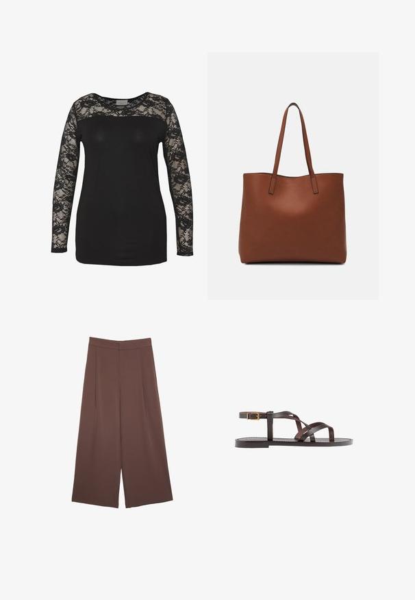 Schwarzes Oberteil mit langen Spitzenärmeln, bestehend aus einem einfarbigen schwarzen Körper und floralen Spitzendetails. Runder Ausschnitt mit glatter Textur.; Braune Weite-Leg-Hosen mit einer glatten Textur, hoher Taille und Vorderfalten. Der Stoff ist leicht und fällt locker.; Braune Leder-Sandale mit überkreuzten Riemen, einem Knöchelriemen mit Schnalle und einer flachen Sohle mit minimalen Nähdetails.; Braune Leder-Tote mit glatter Textur, offenem Oberteil und zwei Schulterriemen. Verfügt über minimale Nähte und keine sichtbaren Beschläge.