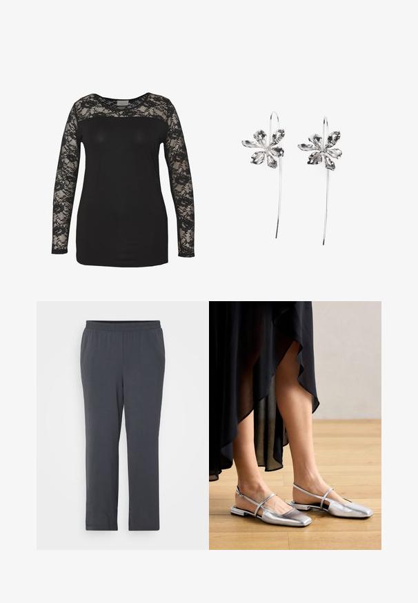 Černý top s dlouhými krajkovými rukávy, který má pevným černým tělem a květinovými krajkovými detaily. Kulatý výstřih s hladkým texture.; Tmavě šedé kalhoty s elastickým pasem, vyrobené z texturované látky. Rovný střih s hladkým povrchem a bez viditelných ozdob.; Stříbrné kovové ploché boty se čtveratým špičkou, s páskem kolem paty a výřezy. Hladký povrch na dřevěné podlaze.; Stříbrné naušnice ve tvaru květiny s texturovaným povrchem, které mají dlouhé háčky a detaily v podobě okvětních lístků pro složitý design.