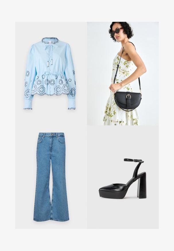 Lyseblå bluse med lange ermer, volangde hals og snor. Har dekorative blomstermønstre og knappelukking foran.; Lyseblå vide jeans laget av denim, med høyt liv, fem lommer og en enkelt knappelukking. Myk tekstur med falmet finish.; Sorte plattformhelter med spiss tå og justerbar ankelrem. Laget av glatt lær, med en robust blokkhel.; Svart lærveske med en buet form, avtagbar stropp og gullbeslag. Vesken har et klaff med spenne-detall.