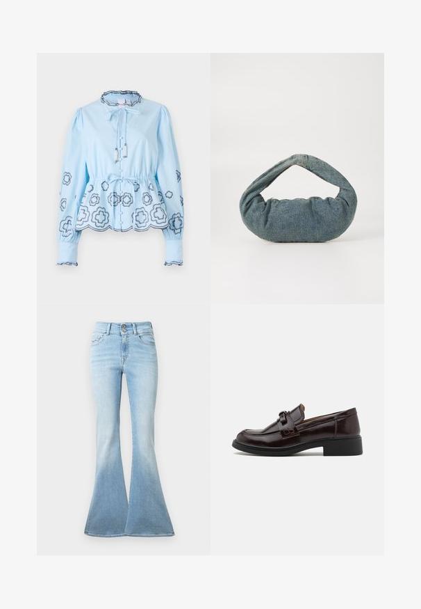 Blusa azzurro chiaro con maniche lunghe, scollatura arricciata e cordoncino. Presenta motivi floreali decorativi e chiusura con bottoni nella parte anteriore.; Jeans svasati di colore azzurro realizzati in denim. Presentano una vita alta con due bottoni e un leggero sbiadimento verso l'orlo. Design classico a cinque tasche.; Mocassini in pelle marrone con texture liscia, dotati di una fascia decorativa e fibbia, tacco basso nero e punta rotonda.; Borsa in denim blu con una forma arrotondata e imbottita e una maniglia curva. La texture è morbida, con cuciture visibili e una finitura liscia.
