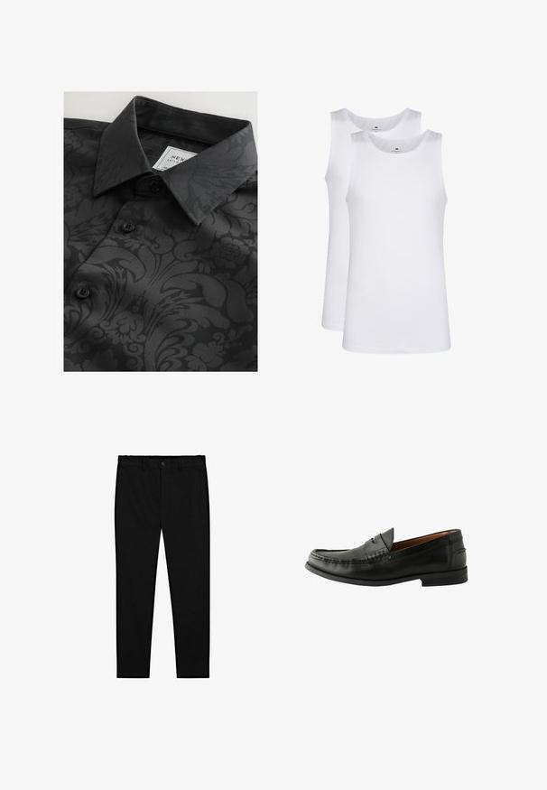 Camicia nera con una texture a fantasia che presenta design floreali e astratti, colletto classico e bottoni neri. Etichetta visibile all'interno del colletto.; Top in cotone bianco, design senza maniche, collo rotondo, texture liscia, realizzato in un tessuto morbido e leggero. Due pezzi esposti.; Pantaloni neri su misura con chiusura a bottone, passanti per cintura e gamba dritta slim, esposti su uno sfondo bianco.; Mocassini in pelle nera con finitura liscia, punta arrotondata, dettagli cuciti a mano e suola bassa in gomma. Design classico e versatile.