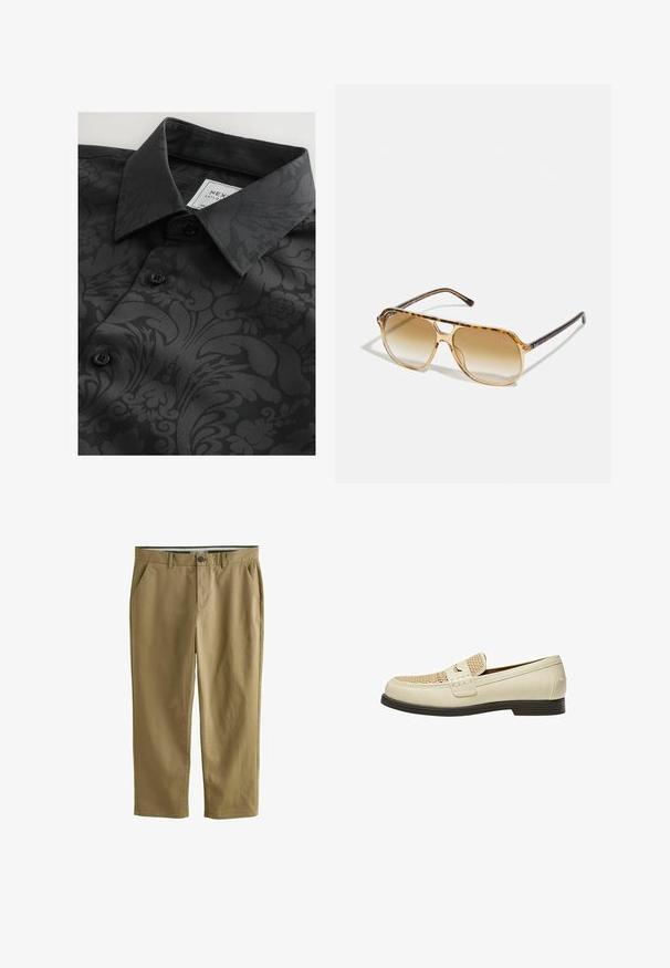 Camicia nera con una texture a fantasia che presenta design floreali e astratti, colletto classico e bottoni neri. Etichetta visibile all'interno del colletto.; Chino color khaki realizzati in cotone misto, dotati di due tasche laterali, chiusura con bottone, gambe dritte e una texture liscia.; Mocassini in pelle beige con dettaglio intrecciato sulla punta e suola piatta marrone. Presentano una fascia decorativa sulla parte anteriore.; Occhiali da sole tartarugati con montatura rettangolare, lenti marroni sfumate e astine nere eleganti con accenti logotipo sottili.