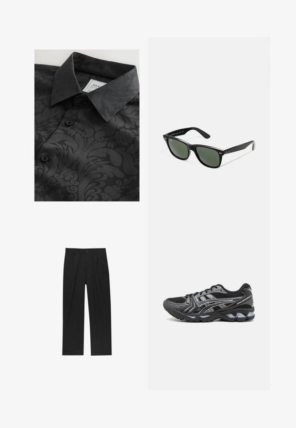 Musta paita, jossa on kuvioitu pinta, jossa on kukka- ja abstrakteja kuvioita, klassinen kaulus ja mustat napit. Tagi näkyvissä kauluksessa.; Mustat housut suoranlahkeisella muotoilulla, valmistettu sileästä kankaasta. Ominaisuuksiin kuuluu etupleateet ja yksi nappikiinnitys vyötäröllä.; Musta urheilukenkä, jossa on verkkovuori, hopeisia yksityiskohtia ja pehmustettu pohja. Varustettu nauhakiinnityksellä ja rakenteellisella pohjalla pidon takaamiseksi.; Mustat muoviset aurinkolasit, joissa on vihreät linssit, neliönmuotoiset kehykset, hopeinen yksityiskohta kulmakarvojen kohdalla sekä tekstuuriset temppeleiden varret. Brändi ilmoitettu sisävarsissa.