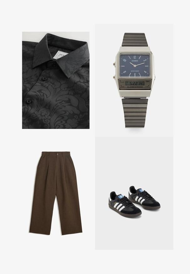 Musta paita, jossa on kuvioitu pinta, jossa on kukka- ja abstrakteja kuvioita, klassinen kaulus ja mustat napit. Tagi näkyvissä kauluksessa.; Ruske pleated hlače s širokim nogavicami, ki imajo gumbasto zapiranje in stranske žepke, narejene iz teksturiranega materiala, primernega za sproščeno nošenje.; Mustat lenkkarit, joissa on mokkanahka- ja synteettinen päällinen, kolmella valkoisella raidalla, tekstuurilla varustettu kumipohja ja sininen logo-etiketti kielellä.; Casio digitaalikello, jossa on sininen kellotaulu, hopeinen kuori ja kerroksellinen musta kumihihna. Näyttää ajan ja hälytysasetukset. Vedenkestävä.