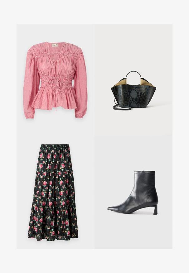 Gestreiftes Blusenshirt in Rot und Weiß mit langen Ärmeln, gerafftem Oberteil und verstellbarem Kordelzug in der Taille, das einen Peplum-Saum aufweist.; Langer schwarzer Rock mit einem gestuften Design, das ein florales Muster aus rosa Rosen und grünen Blättern zeigt, aus leichtem Stoff gefertigt. Elastischer Bund.; Schwarze Lederstiefelette mit spitzer Zehe und schlankem Design. Verfügt über einen niedrigen Absatz und einen Reißverschluss hinten. Glatte Textur.; Handtasche mit Schwarz- und Graustich-Schlangenhautmuster, strukturiertem Design, doppelten Griffen und verstellbarem Schultergurt. Verfügt über ein beiges Innenfutter.