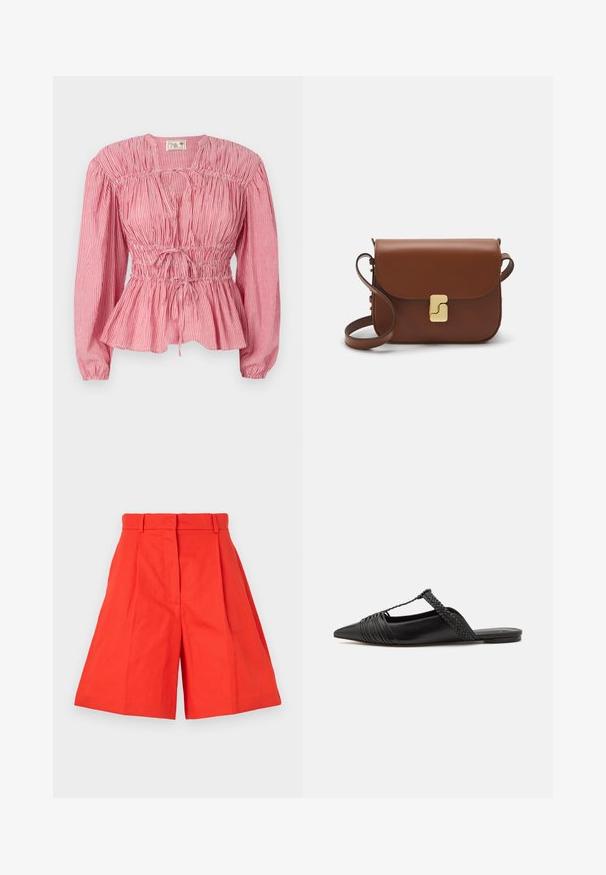 Punane ja valge triibuline pluus pikkade varrukatega, kogutud rinnaosa ja reguleeritava nööriga vööl, millel on peplum ääreline.; Punased puuvillased lühikesed püksid, kõrge vöökohaga, millel on voldid ja lai lõige. Sile tekstuur ja puhtad jooned. Taskuteta ega kaunistusteta.; Must kuulsad nahast kandadega kingad, millel on terav nina, koos kootud detaili ja volditud ülaosaga. Lame tald minimaalse riistvaraga.; Pruunist nahast käekott, millel on klapiga sulgur, kuldne riistvara, õlarihm ja sile tekstuur. Kompaktne ristkülikukujuline vorm.