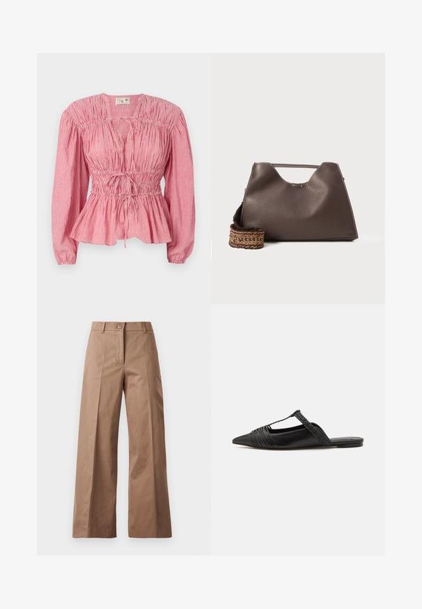 Blusa a righe rosse e bianche con maniche lunghe, corpetto arricciato e cordoncino regolabile in vita, con orlo a peplum.; Pantaloni larghi marroni realizzati in un tessuto morbido, con chiusura frontale con bottone, due tasche anteriori e linee pulite e sartoriali.; Scarpa slingback in pelle nera con punta appuntita, con un dettaglio intrecciato e un design superiore plissettato. Suola piatta con hardware minimale.; Borsa a mano in pelle marrone con finitura texturizzata, design angolare e un manico superiore distintivo. Presenta un dettaglio a tracolla intrecciato con motivo.