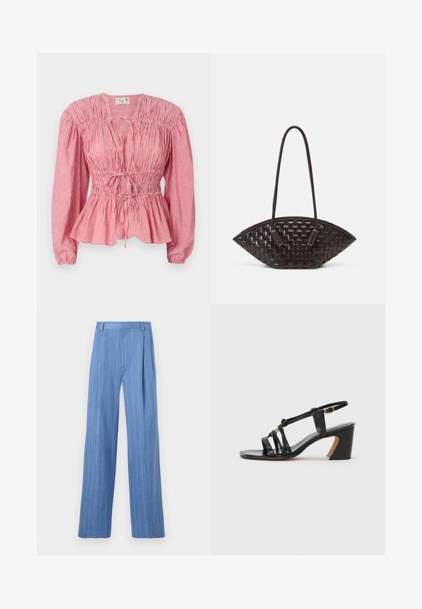 Rød og hvidstribet bluse med lange ærmer, samlet liv og justerbar snor i taljen, med en peplum-søm.; Lysblå bukser med brede ben og lodrette hvide striber. Fremstillet af glat materiale, med en frontplissé og et rent design af taljebåndet.; Paul Smith AMIRA - Pumps - black; THEMOIRè OLIMPIA - Håndtasker - fondant