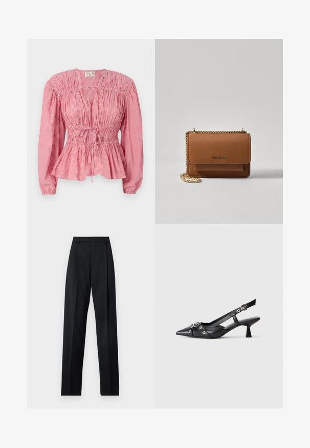 Czerwona i biała bluzka w paski z długimi rękawami, marszczoną wstawką i regulowanym sznurkiem w talii, z falbaną na dole.; Czarne spodnie wykonane z gładkiego materiału, z wysokim stanem, szerokimi nogawkami, fałdami z przodu i klasycznymi szlufkami na pasek. Brak widocznych kieszeni bocznych.; Czarne skórzane buty typu slingback z ostrym noskiem, ozdobnymi paskami z metalowymi oczkami oraz niskim klinowym obcasem. Teksturowana powierzchnia.; Brązowa skórzana torba na ramię z teksturą, z złotym łańcuszkiem i zapięciem na klapkę. Z przodu znajduje się detal z logo oraz kieszeń pod klapką.