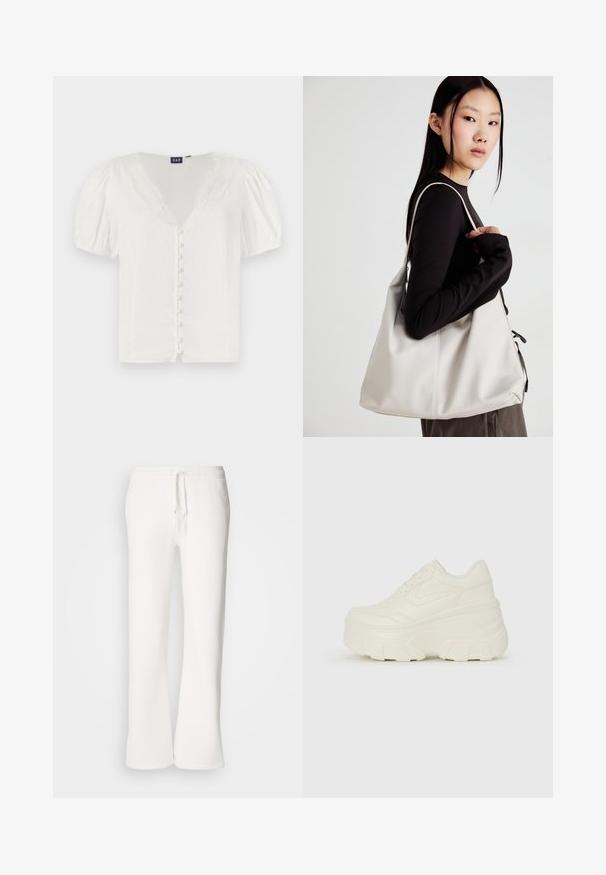 Blusa bianca con maniche a sbuffo, scollatura a V profonda e rifiniture in pizzo. Caratterizzata da una fila di piccoli bottoni sul davanti. Realizzata in un tessuto leggero.; Pantaloni della tuta bianchi, a vestibilità ampia, realizzati in tessuto morbido, con vita elastica dotata di laccetto e design a gamba dritta.; Sneakers bianchi con piattaforma, caratterizzati da una parte superiore simile alla pelle liscia, forma arrotondata, collo imbottito e suola in gomma testurizzata con scanalature ben definite.; Borsa a mano beige realizzata in materiale morbido, caratterizzata da un design morbido, dettagli cuciti e due manici. Adatta per l'uso quotidiano.