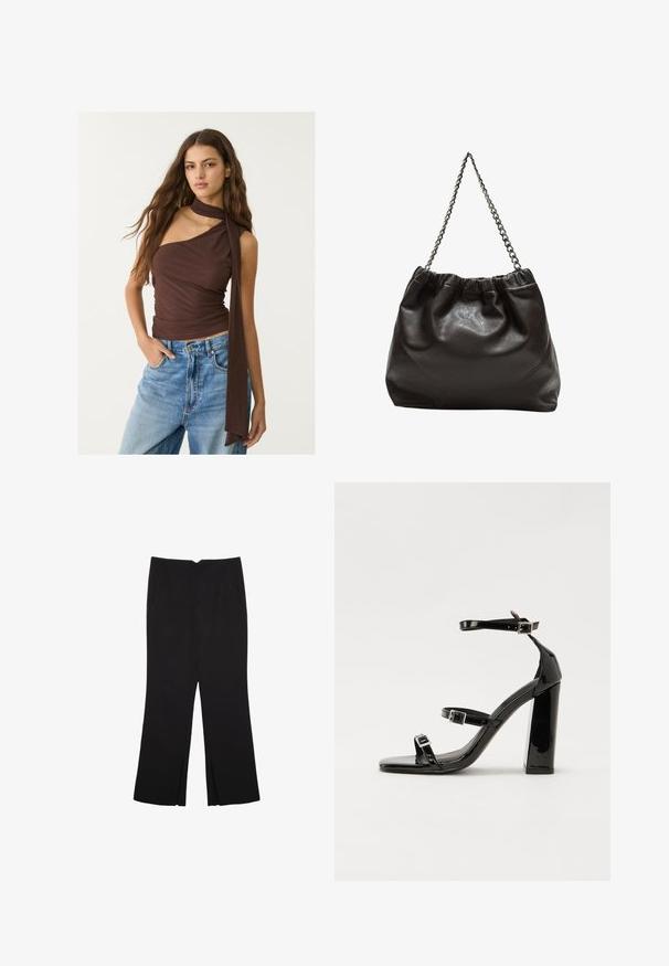 Top marrone senza maniche con scollatura drappeggiata e lungo nodo. Presenta una silhouette aderente, una texture morbida e un design arricciato, abbinato a jeans blu.; Pantaloni neri a gamba dritta, con tasche frontali e spacchi laterali all'orlo. Realizzati in tessuto morbido e liscio. Adatti a diverse occasioni.; Sandali con tacco in vernice nera, con punta squadrata, cinturini alla caviglia e fibbie in argento. Presentano un tacco a blocco spesso per maggiore stabilità.; Borsa in pelle marrone con parte superiore arricciata e tracolla a catena. Texture liscia con finitura lucida e dettagli di cucitura sottili sui lati.