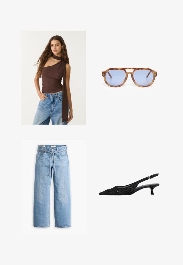Brun, ärmlös topp med draperad halsringning och lång slips. Har en figurnära silhuett, mjuk textur och rynkad design, kombinerad med blå jeans.; Ljusblå denim jeans med vida ben och hög midja, knäppning med knapp och dragkedja samt dragsko i midjan. Råkantad avslutning.; Svart slingback högklackade skor med spetsig tå, överdel i spets med snörning, blommiga pärldekorationer och en smal, vinklad klack.; Sköldpaddsglasögon med blå linser, kantig design, tjock ram och näsbrygga med snitt; har guldaccent på tinningen.