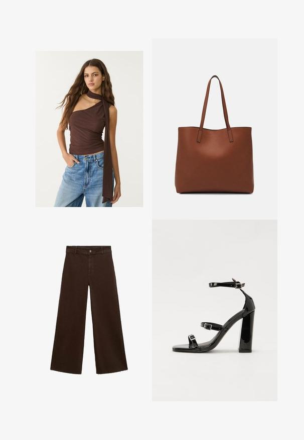 Braunes ärmelloses Oberteil mit gerafftem Ausschnitt und langen Bändern. Verfügt über eine figurbetonte Silhouette, weiche Textur und Raffung, kombiniert mit blauen Jeans.; Braune, weit geschnittene Hosen aus Baumwollmischung mit fransigem Saum, vorderem Knopfverschluss und klassischem Fünf-Taschen-Design. Minimalistisch und vielseitig.; Schwarze patentierte Sandalen mit Absatz, quadratischer Spitze, Knöchelriemen und silbernen Schnallen. Mit einem stabilen Blockabsatz für mehr Stabilität.; Braune Leder-Tote mit glatter Textur, offenem Oberteil und zwei Schulterriemen. Verfügt über minimale Nähte und keine sichtbaren Beschläge.