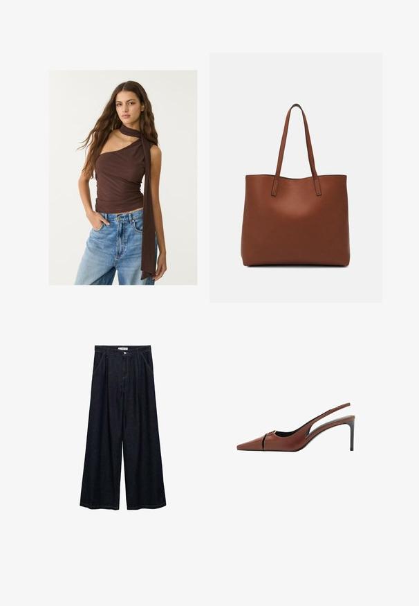 Rjava brezrokavna majica z drapiranim izrezom in dolgim trakom. Ima prilegajočo silhueto, mehak material in zbrano obliko, v kombinaciji z modrimi kavbojkami.; Temno jeans hlače širšega kroja z visokim pasom, ki imajo sprednje zapiranje na gumb, dve stranski žepu in detajle v šivanju.; Rjavi usnjeni slingback čevelj z ostro konico, izrezom na vampu in elegantno stiletnasto peto. Gladka tekstura.; Rjava usnjena torba z gladko teksturo, odprto zasnovo zgoraj in dvema naramnima trakovoma. Opremljena je z minimalnim šivanjem in brez vidnih kovinskih delov.
