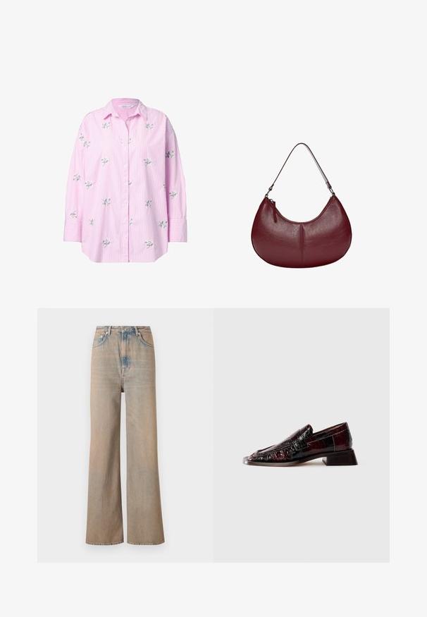 Camicia button-up a righe rosa con ricami floreali, caratterizzata da una vestibilità comoda e maniche arrotolate. Il materiale sembra leggero con una texture liscia.; Jeans a gamba larga in denim di colore chiaro con vita alta. Caratterizzati da cuciture sottili e cinque tasche, con una texture leggermente sbiadita.; Mocassino in pelle verniciata bordeaux scuro con finitura testurizzata, tacco basso a blocco e dettagli classici con fascia penny, mostrato di profilo.; Borsa a tracolla in pelle bordeaux con una forma curva. Caratterizzata da una sola tracolla e una zip superiore, presenta una superficie liscia e testurizzata.