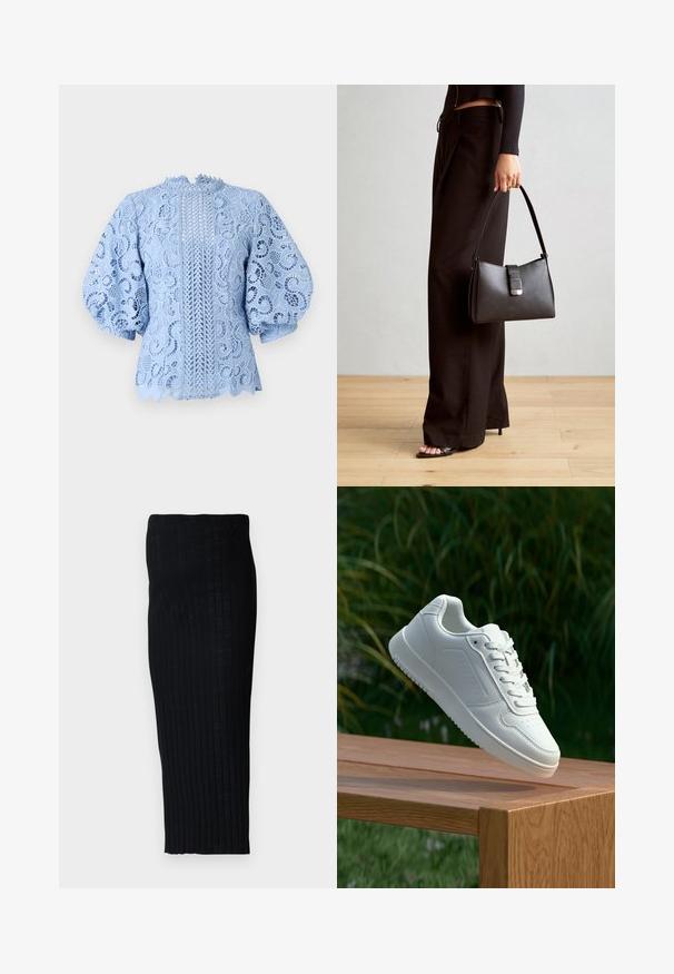 Világoskék csipkeblúz, bonyolult virágmintákkal, puffos ujjakban, fodros élekkel és középen függőleges dizájn részlettel.; Fekete, bordázott midi szoknya, amely testhez simuló silhuettal rendelkezik, függőleges csíkokkal a textúráért. Rugalmas anyagból készült a kényelem érdekében.; Fehér sportcipő sima szintetikus felsőrésszel, perforált lábujjrész, lapos fűzőkkel és texturált talppal, fából készült felületen kihelyezve.; Fekete kézi táska strukturált formával, sima textúrával és fémből készült záródással. Széles fekete nadrággal és nyitott orrú szandállal párosítva, fából készült padlón.