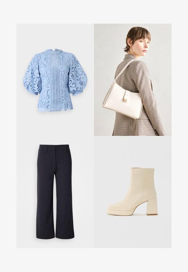 Bluză din dantelă de un albastru deschis, cu modele florale intricate, mâneci puff și margini în valuri, având un detaliu vertical central.; Pantaloni lejeri din material de culoare bleu închis. Au un front plan, bucle pentru centură și buzunare laterale. Materialul este neted și are o ușoară elasticitate.; Cizmă de gleznă din piele bej, cu toc pătrat și talpă platformă, cu un finisaj neted și vârf ușor pătrat, orientată spre stânga pe fundal alb.; Geantă de mână din piele albă cu un design structurat, având o închidere magnetică și un breteau, expusă pe un fundal neutru.