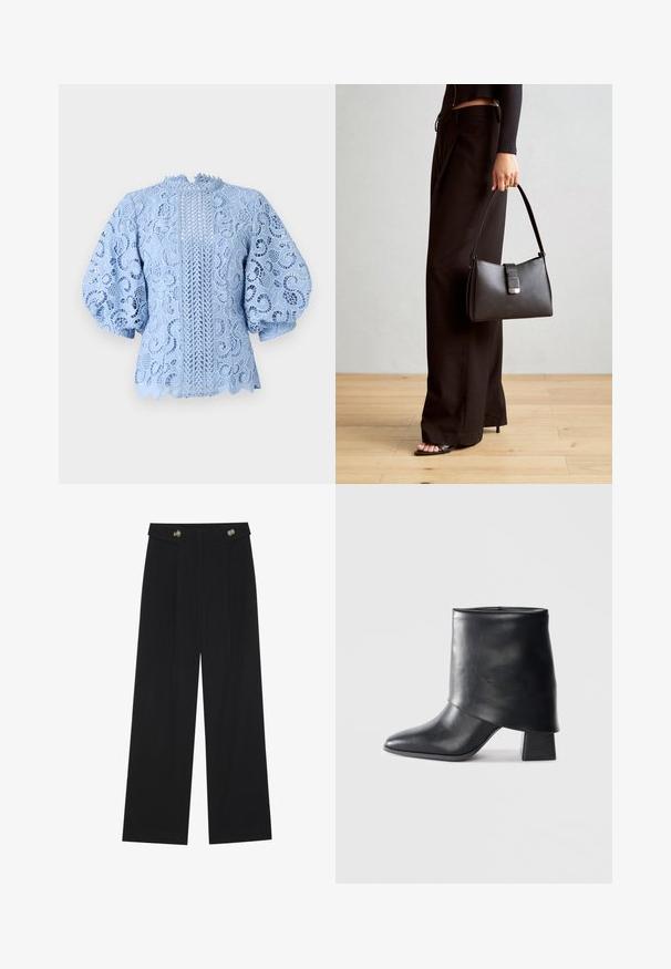 Blusa di pizzo azzurro chiaro con intricati motivi floreali, maniche a sbuffo, bordi scallop e un dettaglio di design verticale centrale.; Pantaloni neri a gamba larga con vita alta, dettagli con bottoni in vita e pieghe frontali.; Stivale in pelle nera alla caviglia con punta affusolata, texture liscia e tacco a blocco strutturato. Presenta un design con risvolto alto.; Borsa nera con forma strutturata, texture liscia e una chiusura metallica. Abbinata a pantaloni neri larghi e sandali open-toe su un pavimento in legno.