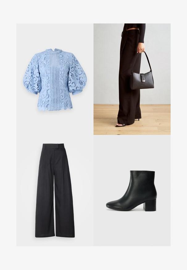 Lyseblå blondebluse med intrikate blomsterdesign, puffermer, bølgekant og en sentral vertikal designdetalj.; Mørke, vide bukser med struktureret talje og læg. Fremstillet af letvægtsstof, der har en glat tekstur og ingen synlige mønstre.; Sorte skinn ankelsko med spiss tå og chunky hæl. Glatt tekstur med minimale detaljer og et elegant, tettsittende design.; Svart håndveske med strukturert form, jevn tekstur og metallisk lås. Kombinert med brede svarte bukser og sandaler med åpen tå på tregulv.