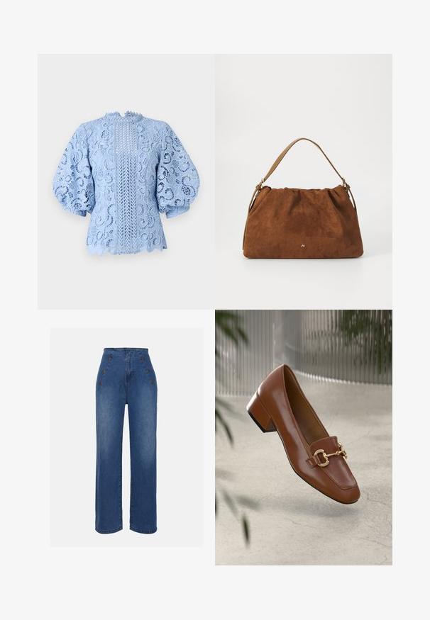 Vaaleansininen pitsipaita, jossa on monimutkaisia kukkakuoseja, puffi hihat, reunatyynyt ja keskitettävä pystysuuntainen yksityiskohta.; Korkeavyötäröiset farkut keskilevyisessä sinisessä sävyssä. Varustettu etusolmukkeilla ja leveälahkeisella muotoilulla. Kangas on sileä, ja siinä on hieno haalistuminen.; Ruskea kiiltävä nahkaloaferi neliönmuotoisella varpaalla, metalliketjuaktsentilla ja matalalla tukijalalla; sileä rakenne, minimalistinen muotoilu.; Ruskea nukkaohut laukku, jossa on poimittu muotoilu, ja siinä on yksittäinen vaaleanruskea nahkahihna sekä hillitty kultainen logo etuosassa.