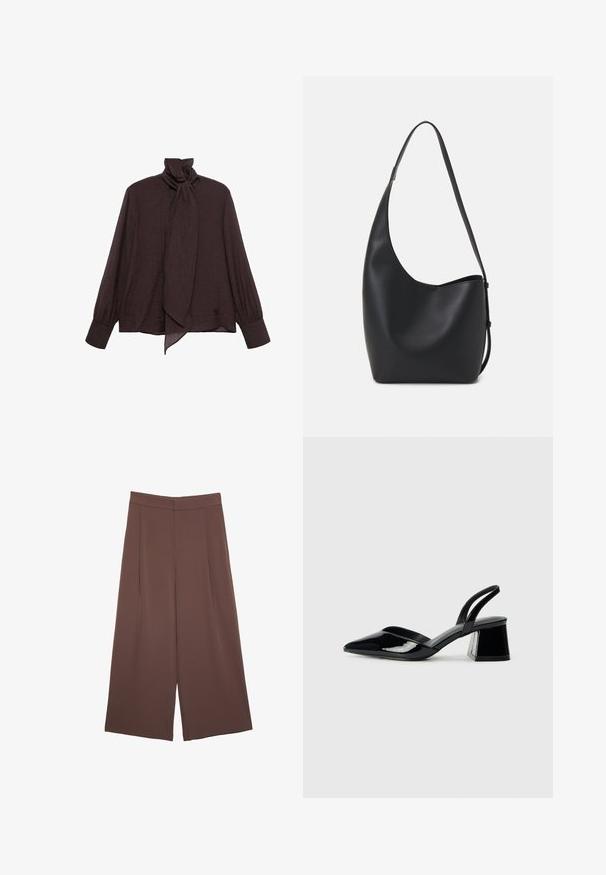 Bluza dugih rukava od tamnosmeđeg naboranog materijala. Ima visoki ovratnik s detaljem vezanja i rukave s manžetama. Glatka, lagana tekstura.; Smeđe hlače širokog kroja s glatkom teksturom, koje imaju visok struk i nabore sprijeda. Tkanina je lagana i slobodno se kreće.; Crne lakirane kožne sandale s otvorenom petom i špicastim vrhom, s geometrijskom blok petom. Imaju elegantan, minimalistički dizajn i glatku teksturu.; Crna kožna hobo torba s glatkom teksturom, zakrivljenim oblikom i jednom podesivom trakicom; ima širok otvor na vrhu.