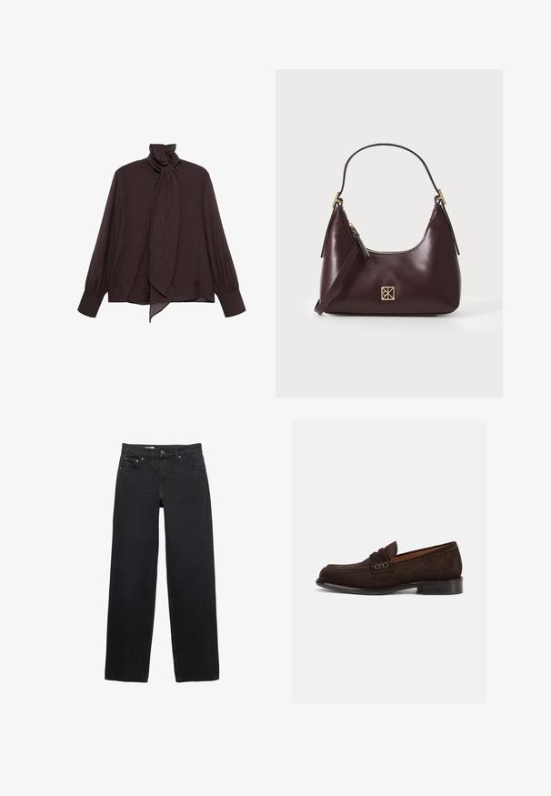 Long-sleeve blouse in dark brown crinkled fabric. Features a high collar with a tie detail and cuffed sleeves. Smooth, lightweight texture.; Black wide-leg jeans made from denim, featuring five pockets, a button closure, subtle stitching, and a straight cut from waist to hem.; Brown suede loafer with a rounded toe, decorative stitching, and a low black heel. Features a smooth interior for comfort.; Burgundy leather handbag with a curved shape, gold accents on the hardware, and a zippered closure. Features a detachable shoulder strap.