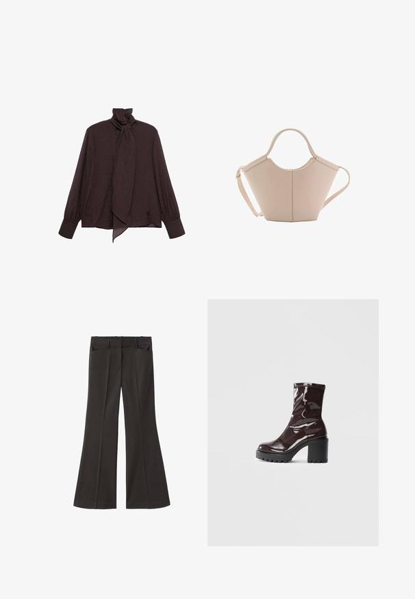 Long-sleeve blouse in dark brown crinkled fabric. Features a high collar with a tie detail and cuffed sleeves. Smooth, lightweight texture.; Black flared trousers with a high waist; features two front pockets and a smooth fabric texture. Suitable for various occasions.; Glossy burgundy ankle boot with a chunky black heel, featuring a smooth texture and simple design. No visible fastenings or patterns.; Beige leather handbag with a unique shape, featuring two short handles and a long adjustable strap. Smooth texture with minimal hardware.