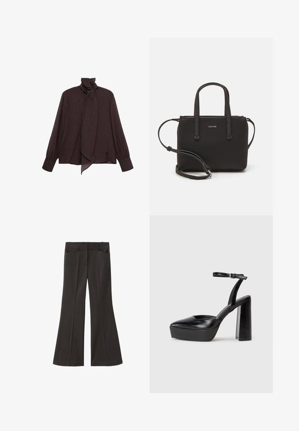 Dlhý rukáv blúzka z tmavohnedej pokrčenej látky. Obsahuje vysoký golier s viazaním a manžetové rukávy. Hladká, ľahká textúra.; Čierne rozšírené nohavice s vysokým pásom; majú dve bočné vrecká a hladkú textúru látky. Vhodné na rôzne príležitosti.; Čierne platformové podpätky so špicatou špičkou a nastaviteľným členkovým remienkom. Vyrobené z hladkej kože a so robustným blokovým podpätkom.; Čierna kabelka s dvojitými krátkymi rúčkami a odnímateľným ramenným popruhom. Hladký materiál podobný koži s uzatváraním na zips a detailom loga.