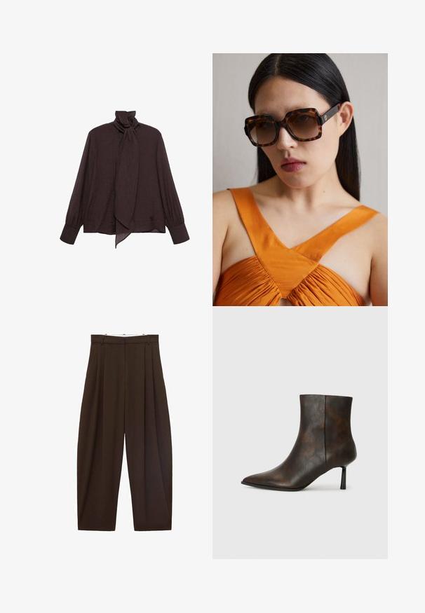 Blusa de manga larga en tejido arrugado de color marrón oscuro. Presenta un alto cuello con un detalle de lazo y mangas con puños. Textura suave y ligera.; Pantalones de talle alto marrones con pliegues, hechos de tela suave. Corte holgado, diseño de pierna recta, con lazos para cinturón y cremallera.; Botín de cuero marrón hasta el tobillo con punta afilada, diseño elegante y un tacón negro delgado. Superficie texturizada con un patrón sutil.; Gafas de sol de gran tamaño en carey marrón con un amplio marco rectangular y lentes graduados. Detalles del logo en dorado en el lateral.; Bolso de ante marrón con una larga correa de cuero, herrajes de plata, forma rectangular y una solapa plana con un adorno central.