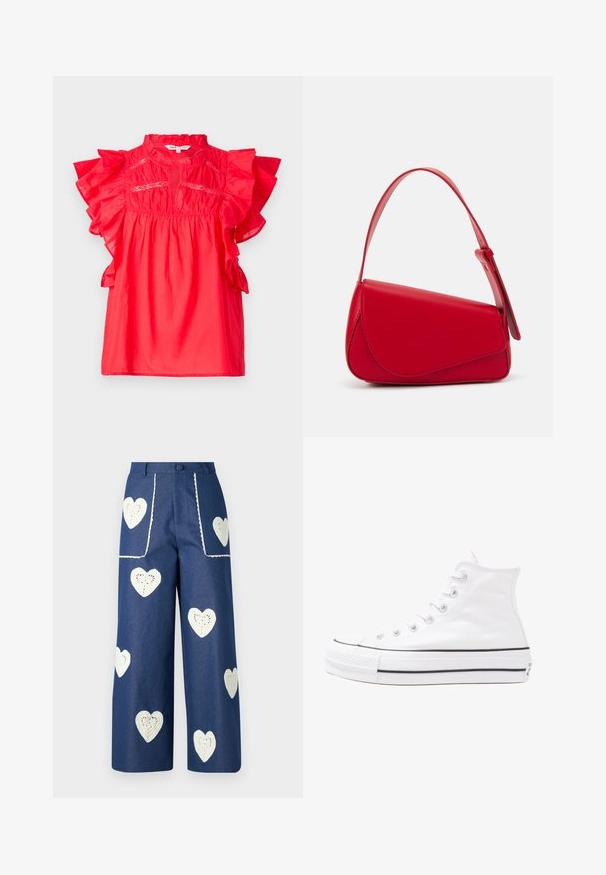 Červený bavlněný top s krátkými volánkovými rukávy, kulatým výstřihem a nabíranou texturou. Obsahuje výšivku podél přední části.; Sister Jane HEART TO HEART - Džíny Straight Fit - blue denim; Bílé vysoké plátěné tenisky s černou gumovou podrážkou, přední gumovou špičkou a šesti očky na tkaničky, se čistým, minimalistickým designem.; Červená kožená kabelka s ostrým, geometrickým designem. Má jeden nastavitelný popruh a klopu s prošívanými detaily.