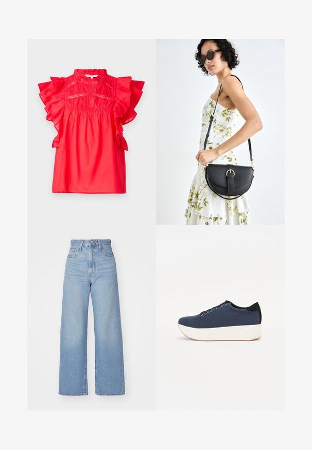 Raudona medvilninė palaidinė su volanėlėmis trumpomis rankovėmis, apvaliu kaklu ir surinkta tekstūra. Pasižymi išsiuvinėjimais priekyje.; Šviesiai mėlynos aukšto liemens plačios kojos džinsai su priekiniais užtrauktukais ir sagom, priekinėmis ir galinėmis kišenėmis, ant baltos fono.; Tamsiai mėlynas sportinis batelis su tekstūruotu audiniu viršuje, baltu platformos padu, apvaliu pirštu ir juodu kulno akcentu.š. Yra šešios skylės raišteliams.; Juodas odinis krepšys su išlenkta forma, nuimamu dirželiu ir auksiniais detalėmis. Krepšys turi kilpą su sagtimi.