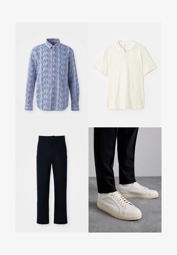 Napapaita którego przód pokryty jest niebiesko-fioletowym wzorem w zygzaki, z pionowymi czarnymi paskami, długimi rękawami i klasycznym kołnierzykiem.; Kermavan värinen polo-paita, jossa on klassinen kaulus, lyhyet hihat ja pieni V-leikkaus kaula-aukossa. Sujuva kangas ja minimalistinen muotoilu.; Tummansinisiä puuvillapantaloonia, joissa on suora lahjemuotoilu, etupainikekiinnitys ja klassinen vyötärö vyölenkeillä.; Vaaleanbeige nahkakengät, joissa on litteät nauhat, teksturoitu pinta ja kontrastiväri kermanvalkoinen kumipohja, yhdistettynä mustiin kapeisiin housuihin.