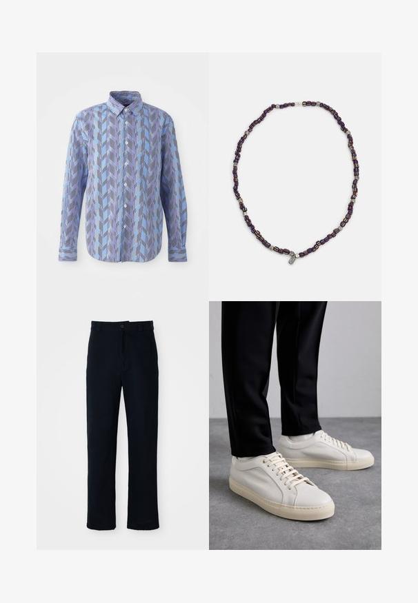 Koszula zapinana na guziki w niebiesko-fioletowy wzór z zygzakiem, z pionowymi czarnymi paskami, długimi rękawami i klasycznym kołnierzykiem.; Granatowe spodnie wykonane z bawełny, z prostą nogawką, z zapięciem na guziki z przodu oraz klasycznym pasem z pętelkami na pasek.; Jasnobeżowe skórzane sneakersy z płaskimi sznurowadłami, teksturowaną powierzchnią i kontrastującą kremową gumową podeszwą, zestawione z czarnymi zwężającymi się spodniami.; Wielokolorowy naszyjnik z koralików, składający się z ciemnoniebieskich, czerwonych i żółtych koralików, przeplatanych srebrnymi akcentami oraz zwisającym charms'em.