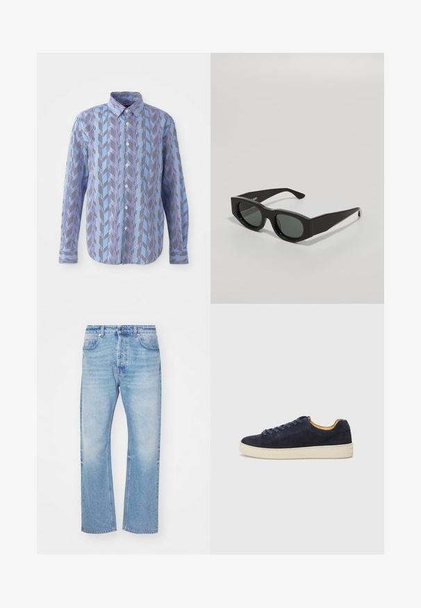 Nööpidega särk, millel on sinine ja lilla zikk-zakk muster koos vertikaalsete mustade triipudega, pikad varrukad ja klassikaline krae.; Heled sinised teksad sirge jala kujundusega. Omavad õrna pleekimist, nupuga sulgemist ja viie tasku stiili klassikalise vöökoha ning välimusega.; Tumesinine sametist madal sneaker ümarate varvastega, off-white kummipõhi ja harmoneeruvad lingid; omaduseks kontrastne pruun sisemus.; Mustad mustad prillid roheliste toonitud läätsedega, paksude raamidega ja lapikute templitega, millel on sile plastikuline tekstuur.