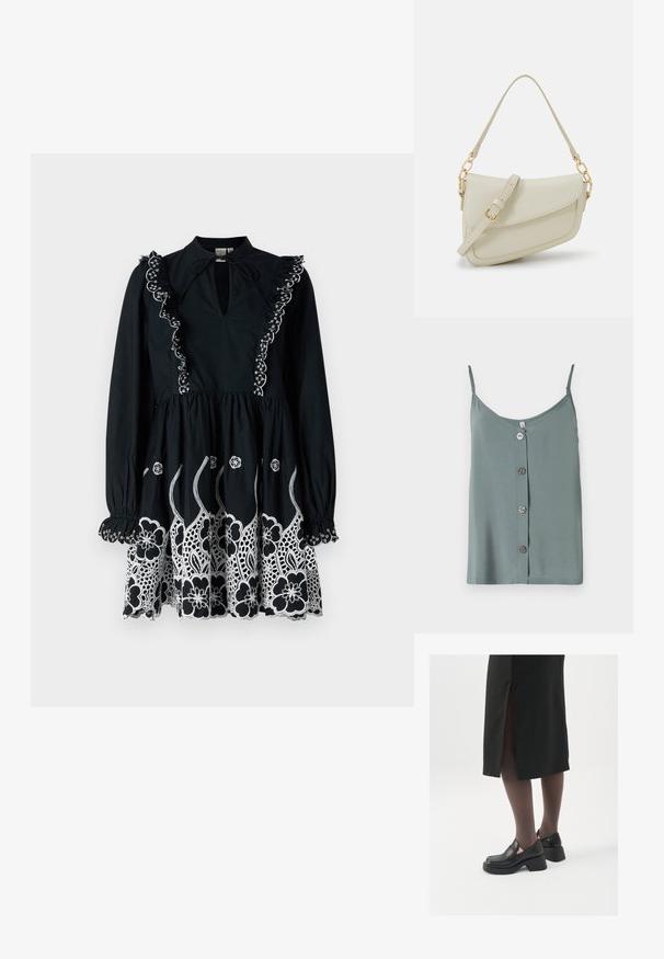 Top sem mangas, verde claro, com decote arredondado e fecho frontal com cinco botões redondos e suaves. Tecido macio com um ajuste descontraído.; Vestido preto com mangas longas, colarinho frufru e padrões florais brancos bordados na bainha. Decote em forma de lágrima e detalhe com cintura franzida.; Sapatos de couro pretos com bico arredondado, salto bloco grosso e detalhes elásticos laterais, combinados com meias escuras e uma saia preta com uma abertura.; Pequena bolsa de creme com um acabamento texturizado, uma alça longa ajustável, um detalhe em corrente e um fecho de aba. Detalhes em hardware dourado.