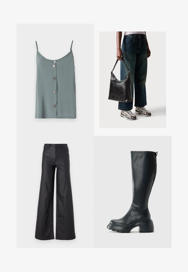 Bezmugės, šviesiai žalios spalvos palaidinės su apvaliu iškirpimu ir priekyje esančiu mygtukų uždarymu, kuriame yra penki lygūs, apvalūs mygtukai. Minkšta medžiaga, laisvas siluetas.; Juodos, plačios kelnės iš dirbtinės odos. Yra aukštas liemuo, kilpelės diržui, dvi priekinės kišenės ir siuvinėti detalėmis.; Ilgas juodos odinės batai su masyvi platforma ir stačiakampiu kulnu, turintys traukimo kilpą ir tekstūruotą pado raštą.; Juodas odinis peties krepšys su lygiu paviršiumi ir reguliuojama dirželiu, derinamas su nublukusiais plačiapurčiais džinsais ir sportiniais batais.