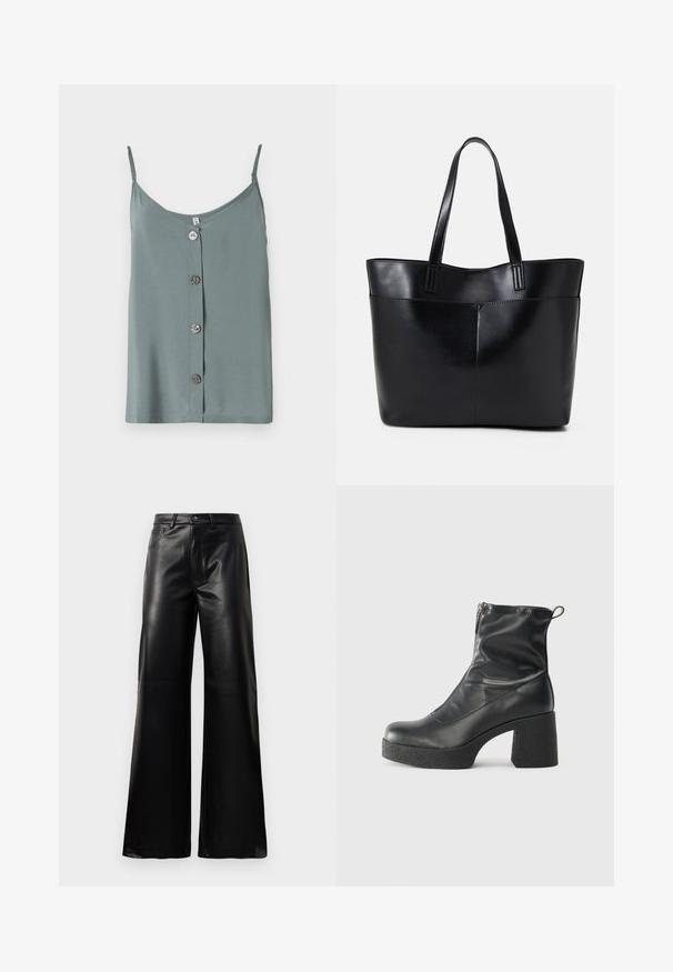 Bezramionkowy, jasnozielony top z zaokrąglonym dekoltem i zapięciem na guziki z przodu, wyposażony w pięć gładkich, okrągłych guzików. Miękka tkanina o luźnym kroju.; Czarne, wysokie na talii, szerokie spodnie z sztucznej skóry z guzikami z przodu, zapięciem na zamek, szlufkami na pasek i bocznymi kieszeniami na białym tle.; Czarne botki za kostkę wykonane z gładkiej skóry, wyposażone w boczny zamek błyskawiczny, masywny teksturowany obcas oraz zaokrąglony czubek.; Czarna skórzana torba na ramię z dwoma długimi uchwytami, gładką teksturą i sztywną formą. Posiada przednią kieszeń dla dodatkowego przechowywania.