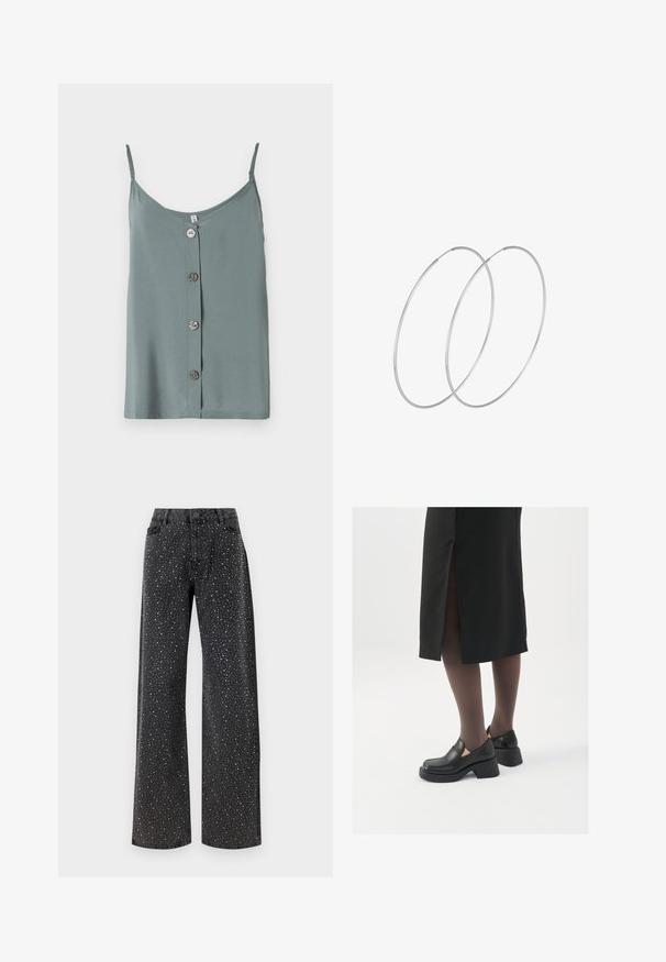 Bezrukávový, svetlozelený top s okrúhlym výstrihom a predným zapínaním na päť hladkých, okrúhlych gombíkov. Mäkkučká látka s voľným strihom.; Noisy May NMJANNEL LOOSE - Džínsy voľného strihu - black denim; Čierne kožené topánky s okrúhlou špičkou, silným blokovým opätkom a elastickými bočnými akcentmi, skombinované s tmavými pančuchami a čiernou sukňou so štiepením.; Strieborné kruhové náušnice s minimalistickým dizajnom. Cirkulárny tvar, hladký povrch a tenký profil. Ľahké s lesklým povrchom.