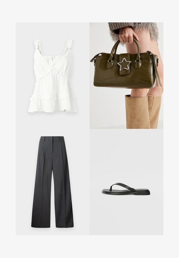 Blusa de tela blanca con tirantes con volantes y capas, que presenta un escote en V y un corte holgado. Confeccionada en material ligero, ideal para el clima cálido.; Pantalones de pierna ancha en tejido gris oscuro, con una cintura alta, pliegues simples y una textura suave con un acabado limpio en los dobladillos.; Chancla negra de piel suave, con un diseño de tira delgada y una suela plana de perfil mínimo. Sin patrones ni acentos notables.; Bolso de mano de cuero sintético verde oliva con acento de estrella plateada, doble asa y cierre de cremallera. Superficie texturizada y forma estructurada.