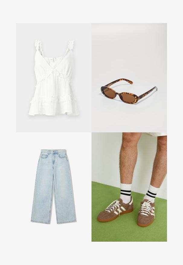 Fehér szövet felsőrész fodros pántokkal és rétegekkel, V-kivágással és laza szabással. Könnyű anyagból készült, ideális meleg időjárásra.; Világoskék, bő szárú farmernadrág, magas derékkal, öt zsebes kialakítással és a varrások mentén látható díszítéssel.; Barna velúr sportcipő fehér díszítéssel és fűzővel. Gumi talp. Fehér zoknival viselve, fekete csíkokkal. Zöld, textúrázott padló.; Teknősbéka mintás napszemüveg ovális kerettel, barna lencsékkel és vékony fekete szárakkal, amelyek finom mintázott díszítésekkel rendelkeznek.; Barna szőtt bőr kézitáska, amely laza, háromszög alakú. Fonott füllel és felső cipzárral rendelkezik.