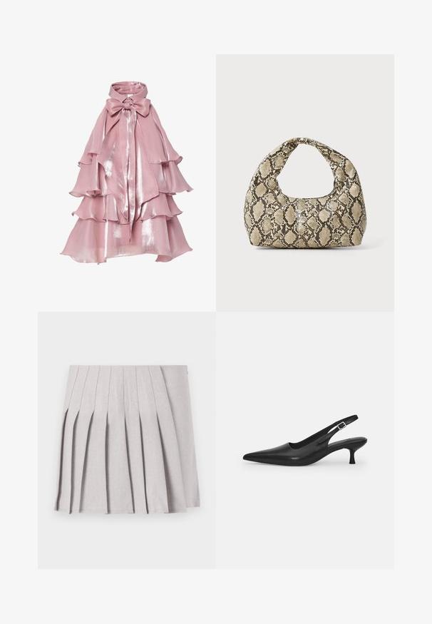 Layered pink gown with a shiny finish, featuring ruffled tiers and a high collar, accented by a large bow at the neck.; Gray pleated skirt with a smooth texture, featuring multiple vertical folds and a fitted waistline. Made from lightweight fabric.; Black leather slingback shoe with a pointed toe and a slim, curved heel. Features a discrete adjustable strap with a metal buckle.; Snake-print handbag with a curved handle. Made from textured, beige and brown materials, featuring a distinctive diamond pattern.